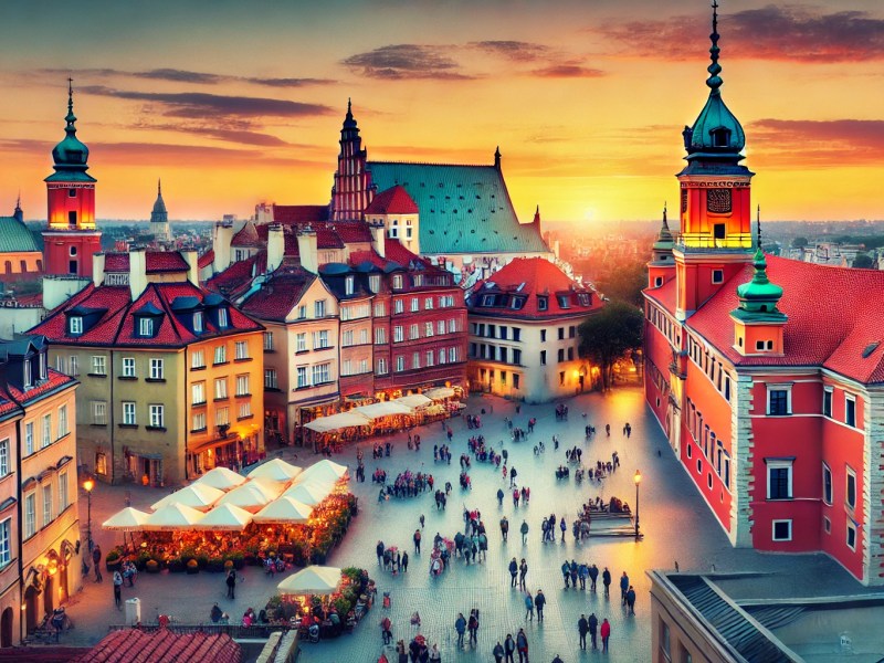 Old Town Warsaw – Vibrant image of Warsaw's Old Town and Royal Castle at sunset.