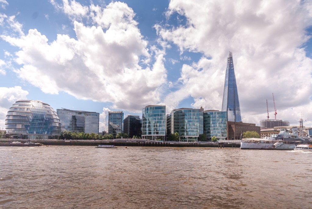 London skyline view from the South Bank featuring The Shard, City Hall, and the Thames under a partly cloudy sky.