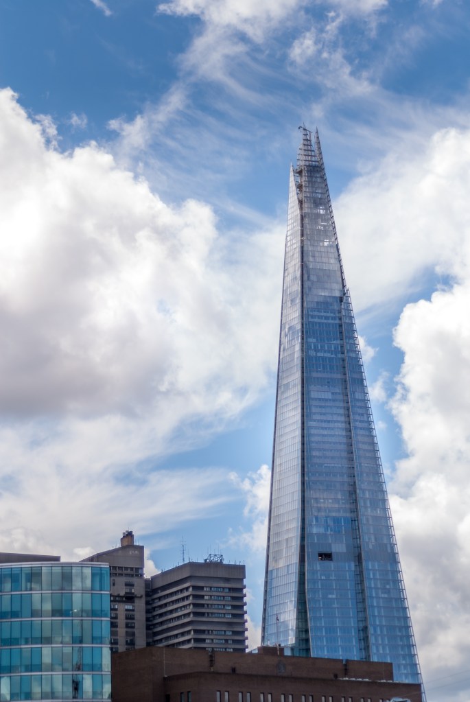 London skyline view from the South Bank featuring The Shard, City Hall, and the Thames under a partly cloudy sky.