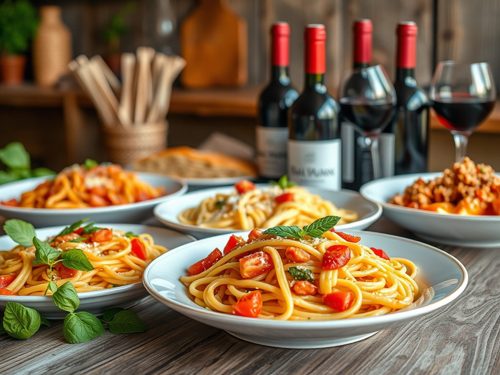Classic Italian food on the table and few important italian wines