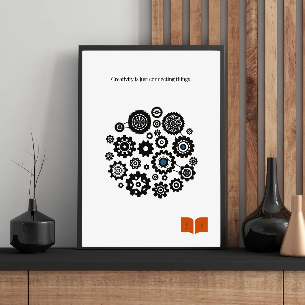 Discover the power of creative thinking with this minimalist poster featuring Steve Jobs’ quote: “Creativity is just connecting things.” Perfect for designers, entrepreneurs, and idea-makers. Available now at Ink Frame Studio.
