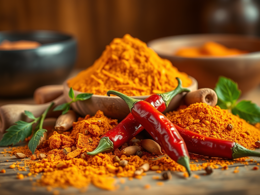Un insieme di spezie con peperoncino fresco e polvere di curcuma, accompagnato da ingredienti naturali su un tavolo di legno.