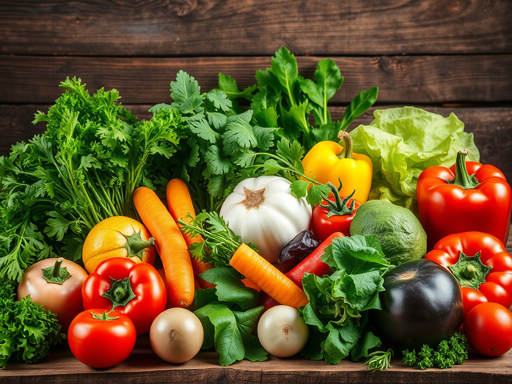 Vegetariani e Vegani: Differenze, Benefici e Scelte Consapevoli 8 Un assortimento di verdure fresche tra cui pomodori, peperoni, carote, zucchine, lattuga e erbe aromatiche, disposte su un fondo di legno.