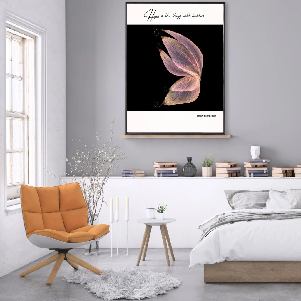 A stylish living room featuring a framed quote by Emily Dickinson about hope with a butterfly design, accompanied by a cozy orange chair and modern decor.