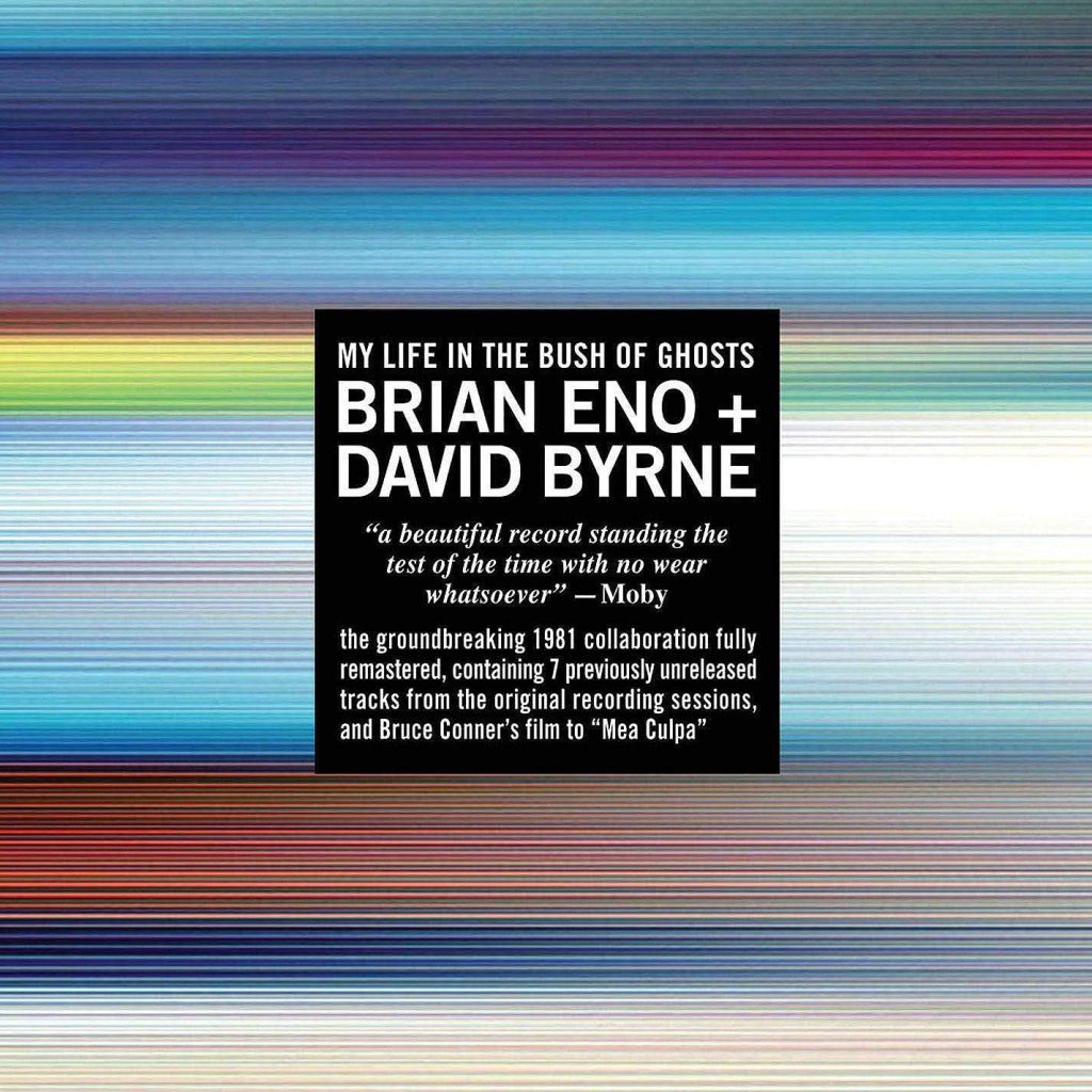 melodia nel rumore - Album cover for 'My Life in the Bush of Ghosts' by Brian Eno and David Byrne, featuring a colorful, abstract background and a text box detailing the album's significance and remastering.