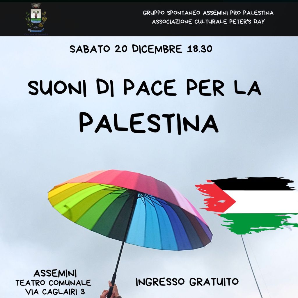 Manifesto per l'evento 'Suoni di pace per la Palestina' con una mano che tiene un ombrello colorato sopra il testo, e la bandiera palestinese sul lato destro.