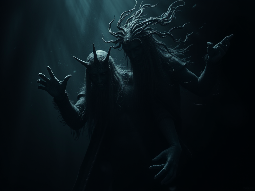 Due figure misteriose emergono da un'oscurità profonda, con capelli lunghi e corna, evocando un'atmosfera inquietante e magica.