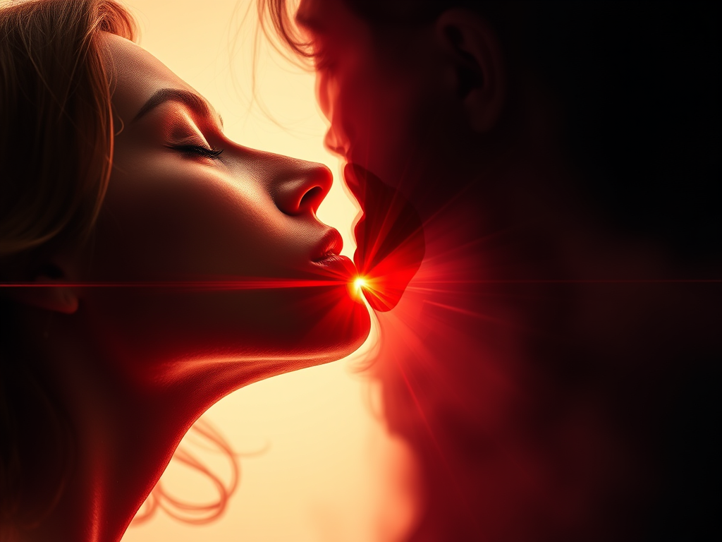 Due volti di profilo che si avvicinano, con una luce rossa intensa che emana dalla loro bocca, creando un'atmosfera romantica e passionale.