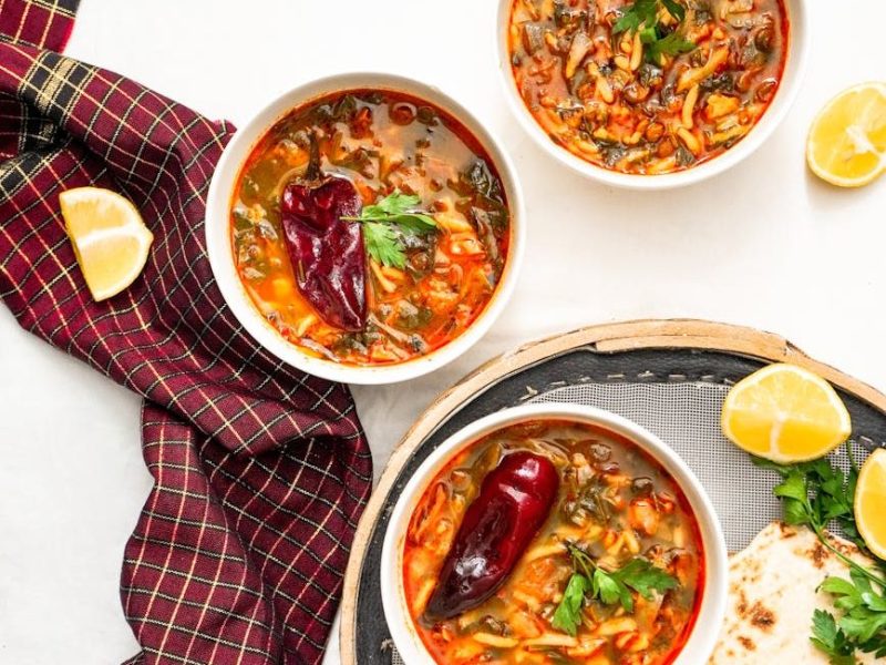 longevity delicious bowls of spicy vegetable soup with flatbread