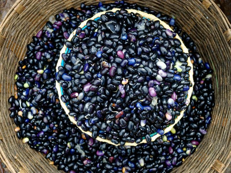 top view of basket filled with black beans