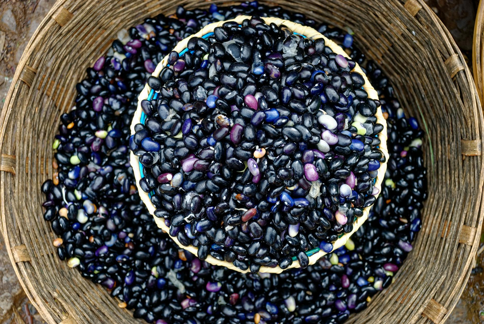 top view of basket filled with black beans