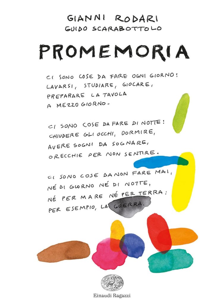 Ghali e Rodari alle Olimpiadi: tre minuti di poesia che hanno mostrato il volto migliore dell’Italia 8 Ghali e Rodari : Cover page of the book 'Promemoria' by Gianni Rodari and Guido Scarabottolo.