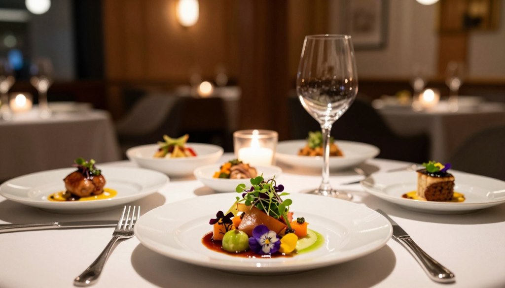 A beautifully arranged gourmet dining table set for an exquisite culinary experience. In the foreground, showcase an elegant plate featuring a vibrant, artfully presented dish made with fresh ingredients, garnished with microgreens and edible flowers. The middle of the image includes a variety of decorative gourmet dishes and a crystal-clear wine glass reflecting soft candlelight. In the background, a chic restaurant interior with warm ambient lighting sets the mood, featuring wooden accents and stylish décor. Use a shallow depth of field to focus on the table while softly blurring the background, creating a sense of intimacy. The image should evoke a sense of sophistication and adventure in culinary trends, inviting viewers to explore unique dining experiences.