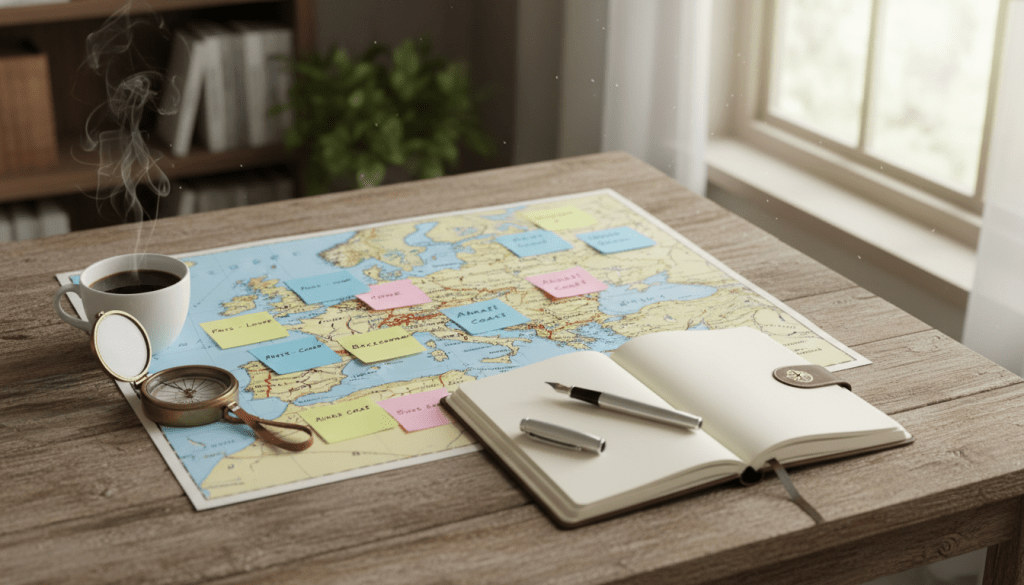 A beautifully organized travel planner layout on a wooden table, layered with a map of Europe, colorful sticky notes marking various destinations, and an elegant notebook open to a blank page ready for ideas. In the foreground, an antique compass and a stylish fountain pen lie beside a steaming cup of coffee, creating an inviting atmosphere for adventure planning. In the middle, the map highlights major cities like Paris, Rome, and Barcelona, bringing a sense of wanderlust. The background features soft, natural lighting filtering through a nearby window, creating a warm and inspiring mood. The entire scene captures the essence of thoughtful travel planning and the excitement of structuring unforgettable European experiences. No people are present, maintaining a professional and serene composition. A beautifully organized travel planner layout on a wooden table, layered with a map of Europe, colorful sticky notes marking various destinations, and an elegant notebook open to a blank page ready for ideas. In the foreground, an antique compass and a stylish fountain pen lie beside a steaming cup of coffee, creating an inviting atmosphere for adventure planning. In the middle, the map highlights major cities like Paris, Rome, and Barcelona, bringing a sense of wanderlust. The background features soft, natural lighting filtering through a nearby window, creating a warm and inspiring mood. The entire scene captures the essence of thoughtful travel planning and the excitement of structuring unforgettable European experiences. No people are present, maintaining a professional and serene composition.