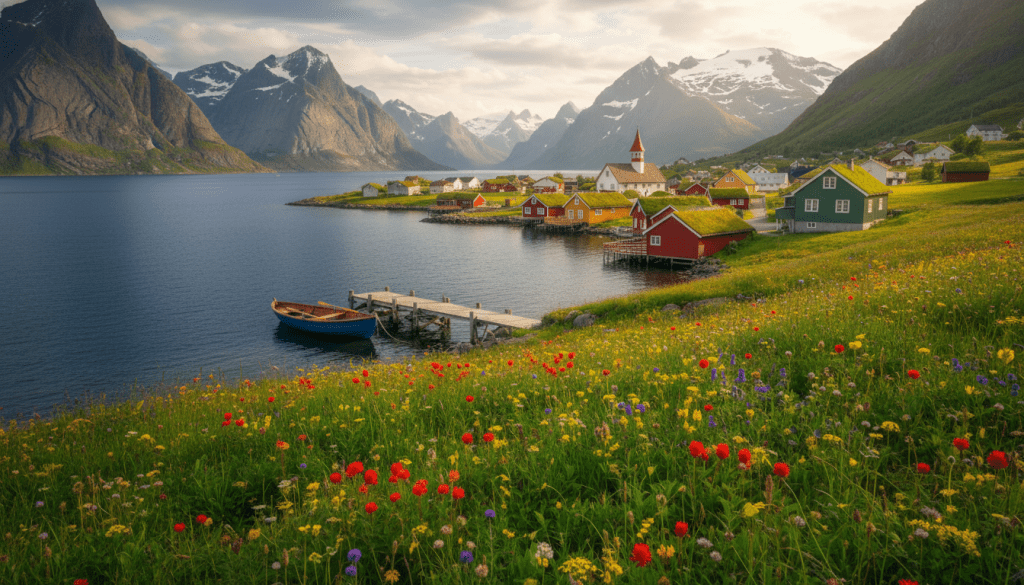 A breathtaking scene capturing the "Nordic Wonders" of Northern Europe, showcasing a serene fjord surrounded by majestic snow-capped mountains in the background. In the foreground, lush green meadows dotted with vibrant wildflowers lead to the water's edge, where a small, rustic wooden boat is gently anchored. The middle ground features a quaint village with traditional Nordic architecture, including colorful wooden houses and a charming church steeple reaching toward the sky. Soft, golden sunlight filters through a partly cloudy sky, casting a warm glow over the landscape, creating a tranquil and inviting atmosphere. The perspective is a wide-angle view, emphasizing the grandeur of the surrounding nature. The overall mood is peaceful and inspiring, evoking a sense of adventure and the untouched beauty of the Nordic wilderness.