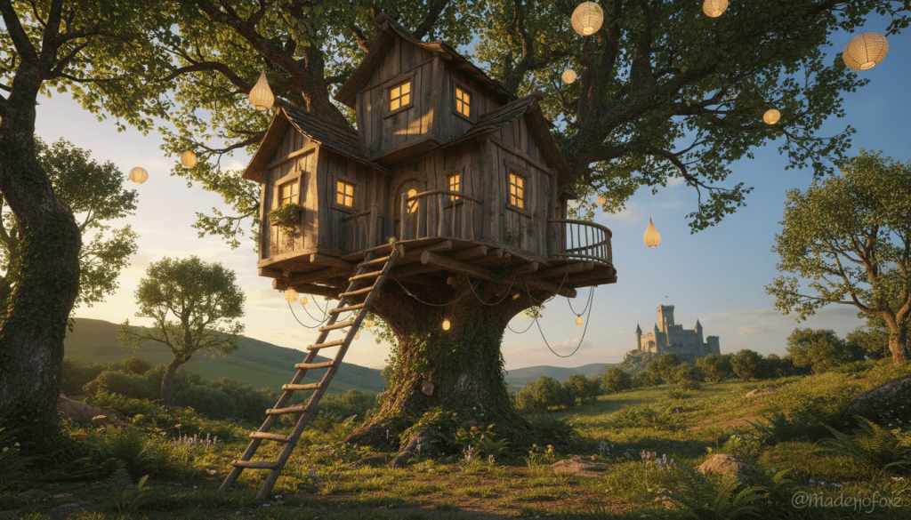 A charming treehouse nestled in a dense green forest, showcasing a cozy and unique accommodation option. The foreground features a rustic wooden ladder leading to the entrance, with warm lights glowing softly from the windows, inviting and welcoming. In the middle ground, the treehouse is surrounded by vibrant foliage and whimsical hanging lanterns that add a magical touch. The background reveals a serene European landscape, with rolling hills and a distant medieval castle under a clear blue sky. The scene is bathed in golden hour lighting, creating a warm, enchanting atmosphere. Capture this angle from slightly below eye level to emphasize the treehouse's height and charm, evoking a sense of adventure and tranquility.