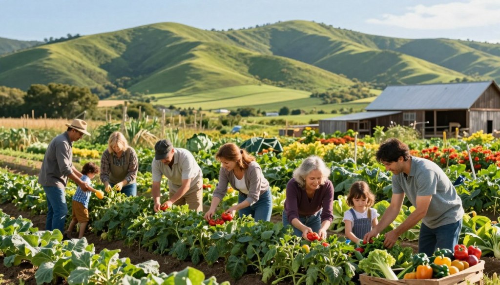 A picturesque farm visit scene that captures the essence of connecting with nature and food. In the foreground, a diverse group of people in modest casual clothing, including families and individuals, are joyfully picking fresh vegetables like tomatoes and bell peppers. The middle ground features a vibrant vegetable garden with rows of crops, while a rustic barn is partially visible. In the background, rolling green hills stretch under a clear blue sky, with soft sunlight casting a warm glow on the scene, creating an inviting atmosphere. The angle is slightly elevated, offering a sweeping view that highlights the lushness of the farm, evoking feelings of community, joy, and the bounty of nature. The overall mood is bright, cheerful, and engaging, perfect for illustrating the connection between farm and food.