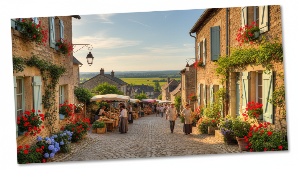 A picturesque view of a charming French village, featuring quaint stone houses with colorful window shutters and blooming flower boxes. In the foreground, a cobblestone street winds gently, lined with lush greenery and vintage lanterns casting a warm glow during the golden hour of sunset. The middle layer showcases a vibrant market scene with locals in modest casual clothing, engaging in friendly conversations. A backdrop of rolling hills and vineyards fades into the distance, under a clear blue sky with wispy clouds. Capture the serene and inviting atmosphere, highlighting the rustic charm and timeless beauty of rural France using soft, natural lighting with a slightly tilted angle to create depth. No text or additional elements.