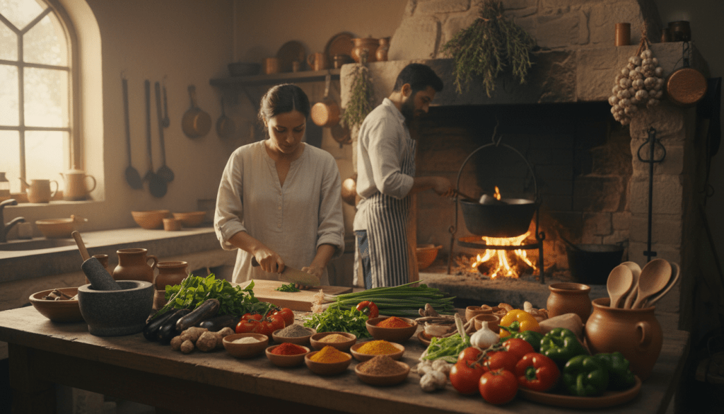A rustic kitchen scene showcasing traditional cooking techniques from around the world. In the foreground, a wooden table laden with diverse fresh ingredients like herbs, spices, and vegetables, along with traditional cooking tools such as a mortar and pestle and clay pots. In the middle, a skilled chef, dressed in modest casual clothing, is skillfully chopping vegetables, while another person stirs a pot over an open flame, highlighting teamwork in culinary arts. The background features a stone fireplace with hanging utensils and herbs, exuding warmth from the fire. Soft, natural light filters through a nearby window, creating a cozy, inviting atmosphere. 
These traditional dishes worldwide show the rich diversity of our planet. Let's celebrate these unique flavours as we explore the world through our taste buds.
