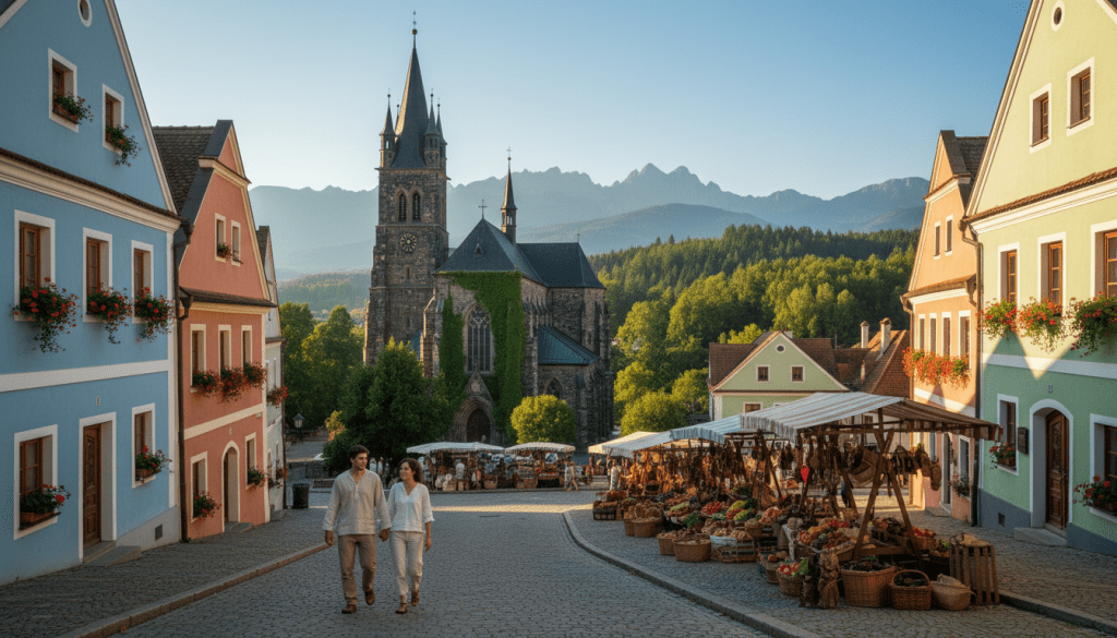 A serene and picturesque scene highlighting the hidden gems of Eastern Europe. In the foreground, a quaint cobblestone street lined with colorful, charming houses adorned with flowers. A couple, dressed in modest casual clothing, strolls hand-in-hand, embodying a sense of peace and exploration. In the middle ground, a stunning gothic-style church towers amidst lush greenery, with a market featuring local crafts and fresh produce nearby, adding vibrant colors and life to the atmosphere. The background reveals a breathtaking vista of rolling hills and distant mountains, under a clear blue sky with soft, golden sunlight filtering through, creating a warm and inviting ambiance. The lens captures the scene from a slightly elevated angle, offering a sweeping view of this Eastern European treasure.