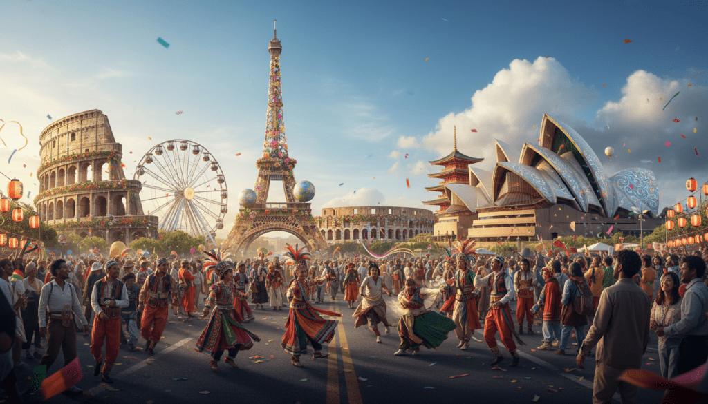 A vibrant festival scene showcasing famous tourist hotspots around the world. In the foreground, diverse groups of people in modest casual clothing are enjoying colorful festivities, such as traditional dancers in captivating costumes and street performers. The middle ground features iconic landmarks like the Eiffel Tower, the Colosseum, and the Sydney Opera House adorned with festive decorations, balloons, and lights. In the background, a bright blue sky dotted with fluffy clouds enhances the celebratory atmosphere. Warm, natural lighting casts a golden hue over the scene, adding to the joyous mood. The angle captures a slightly elevated view, immersing the viewer in the lively ambiance of international celebrations, emphasizing unity and cultural richness.
