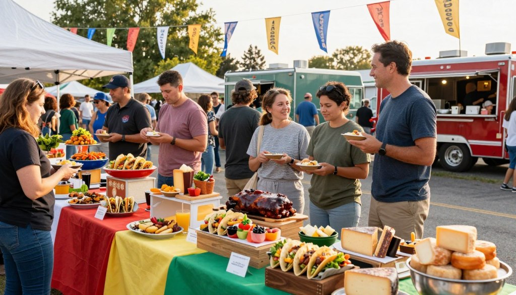 A vibrant food festival scene in the U.S., showcasing diverse culinary practices. In the foreground, colorful stalls display a variety of delicious foods, such as tacos, barbecue, artisanal cheeses, and fresh produce, attracting visitors with vibrant colors and appealing arrangements. In the middle ground, cheerful families and friends of different backgrounds share meals, dressed in modest casual clothing, enjoying the festive atmosphere. The background features decorative banners fluttering in the breeze, while tents and food trucks create a lively setting. Warm, natural sunlight bathes the scene, enhancing the inviting atmosphere. The angle captures the buzz of activity, emphasizing communal joy and the richness of culinary diversity, embodying the essence of celebration.