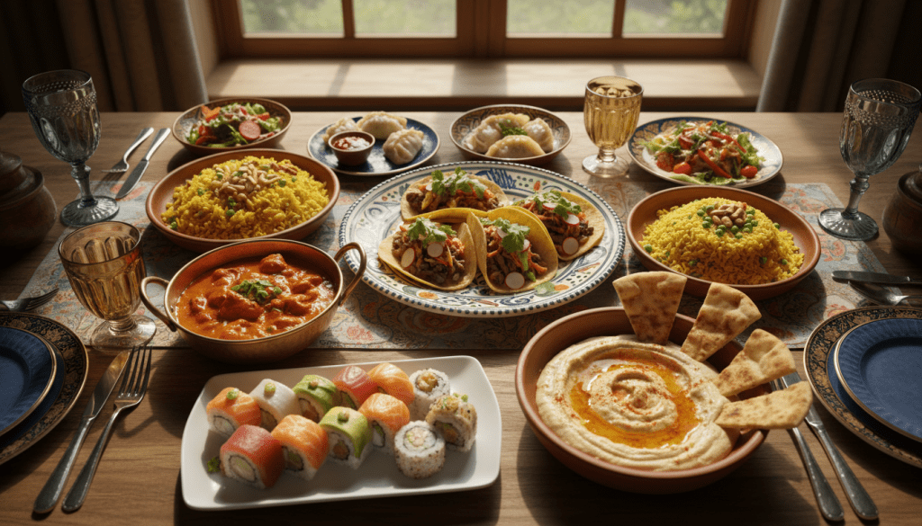 Culinary diversity - A vibrant fusion of ethnic dishes displayed on a beautifully set wooden table, showcasing a colorful array of cuisines from around the world. In the foreground, a plate of sushi rolls is paired with spicy Indian curry served in a traditional bowl. To the side, fresh Mediterranean hummus with crispy pita, and glowing yellow saffron rice. In the middle, a carefully arranged platter features Mexican tacos stuffed with kimchi, garnished with bright herbs. In the background, soft natural lighting filters through a window, casting gentle shadows and illuminating the food. The scene reflects a warm and inviting atmosphere, celebrating culinary diversity with an artistic, top-down angle, creating a visually engaging experience. The table is adorned with bright tableware for added charm.