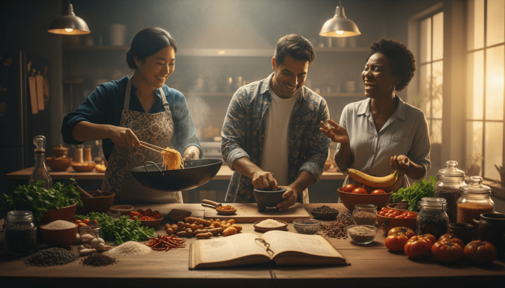A vibrant kitchen scene showcasing the influence of immigration on culinary heritage preservation. In the foreground, a diverse group of individuals dressed in modest casual clothing, including an Asian chef, a Hispanic home cook, and an African American food advocate, are sharing traditional recipes and cooking together. In the middle ground, an array of colorful ingredients like spices, fresh vegetables, and grains from various cultures are elegantly arranged on wooden tables, reflecting the fusion of culinary traditions. The background features an old family cookbook open to a worn page, with handwritten annotations, under warm, ambient lighting that evokes a sense of nostalgia. The atmosphere is lively and collaborative, symbolizing the blending of flavors and sharing of cultural heritage through cooking. Capture this scene with a medium-depth focus to highlight both the people and the ingredients, using a soft-focus technique for depth.