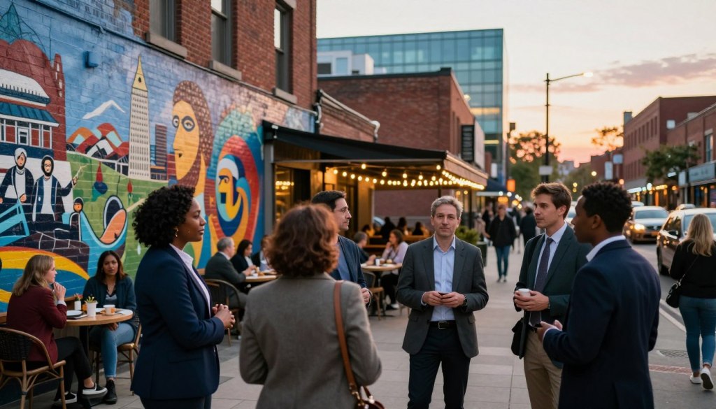 A vibrant urban street scene bustling with life, showcasing an array of community stories and local narratives. In the foreground, a group of diverse individuals in professional attire engages in conversation, sharing memories and experiences. They are surrounded by artful murals depicting historical events and cultural symbols, adding richness to the scene. In the middle ground, a cozy café invites passersby, with patrons enjoying their time at outdoor tables under softly glowing fairy lights. The background features a blend of modern and vintage architecture, including a historic brick building next to sleek glass structures, bathed in the warm glow of a sunset. Capture the atmosphere of connection, nostalgia, and community with a slightly blurred depth of field, focusing on the people, while the city life unfolds around them.