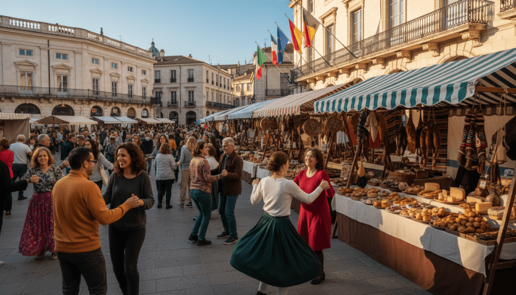Colorful European cultural festival scene, showcasing a lively street filled with joyful crowds in modest casual attire celebrating local traditions. In the foreground, diverse people dance and socialize, animated faces illuminated by warm, golden sunlight. In the middle ground, traditional stalls display regional crafts and local delicacies, with flags of various European countries fluttering above. The background features picturesque European architecture, like ornate buildings and cobblestone streets, under a clear blue sky. The atmosphere is festive and vibrant, capturing the essence of cultural hotspots. The scene is viewed from a slightly elevated angle, giving depth to the celebration. Bright colors and soft shadows enhance a cheerful mood, drawing the viewer into the bustling energy of the festival.