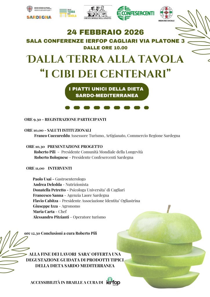 Event flyer for 'From the Land to the Table: The Foods of the Centenarians', featuring details on speakers, schedule, and a focus on the unique dishes of the Sardinian-Mediterranean diet.