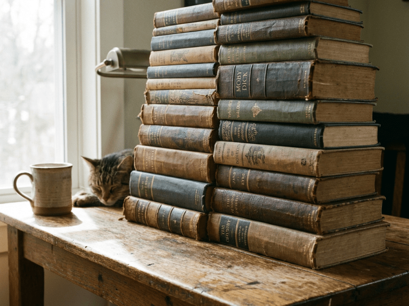 Two tall stacks of vintage books on a wooden desk next to a sleeping cat.