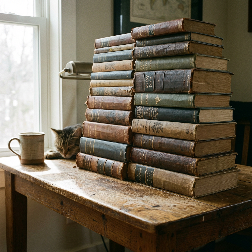 Two tall stacks of vintage books on a wooden desk next to a sleeping cat.