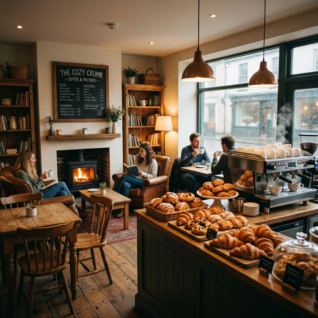 The Cozy Crumb cafe interior with people by a fireplace and pastries on a counter.