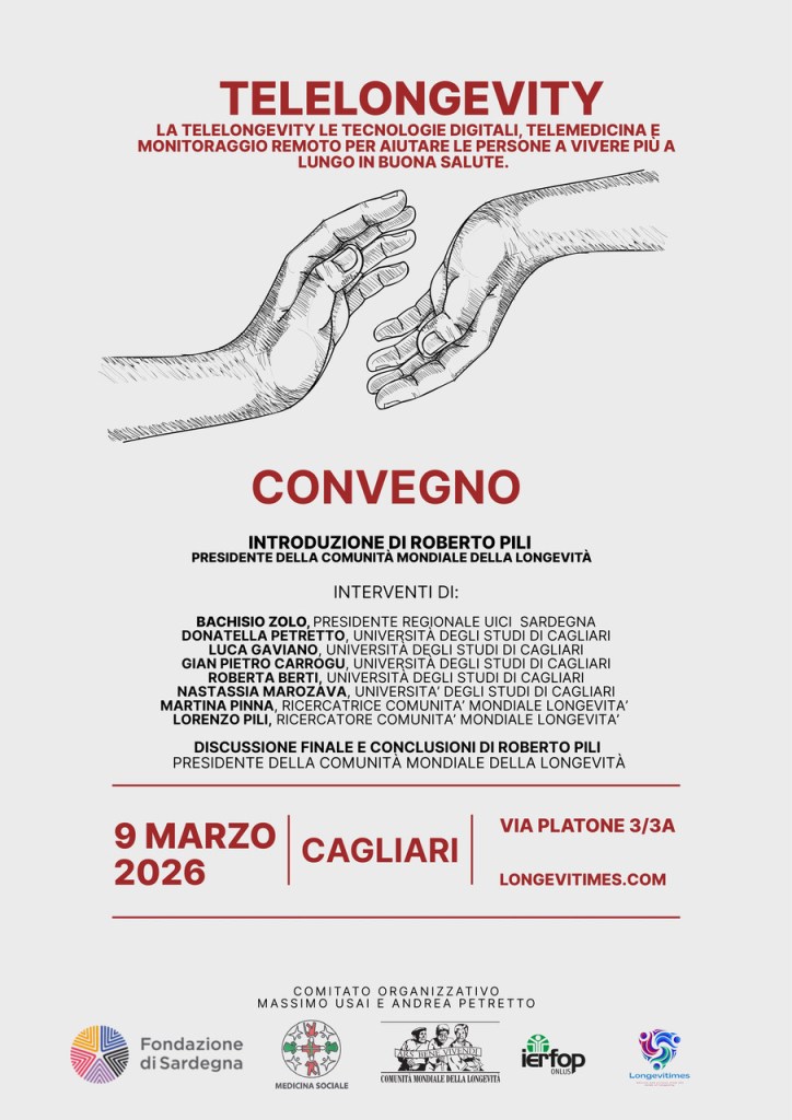 A promotional poster for an event titled 'Telelongevity,' featuring two hands reaching toward each other. The event discusses digital technology and telemedicine for healthy longevity. It includes speaker details and is scheduled for March 9, 2026, in Cagliari, Italy.