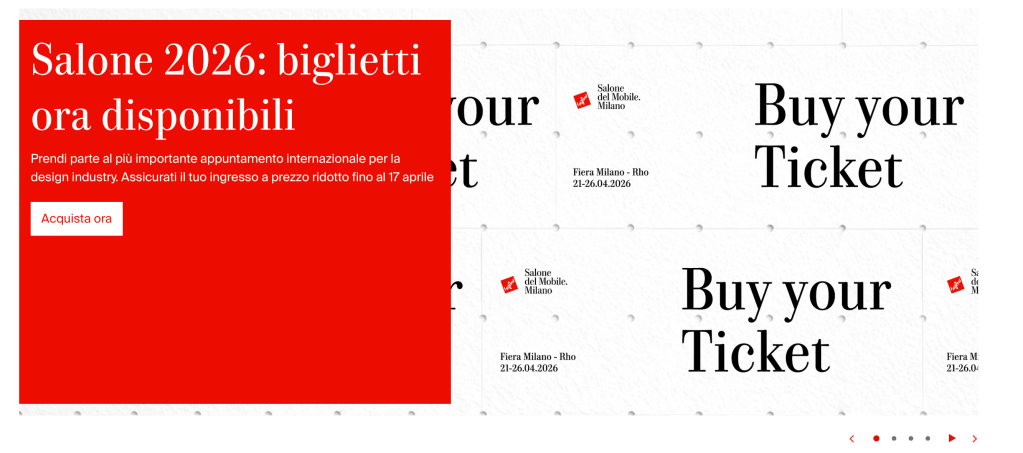 Promotional image for Salone del Mobile 2026 featuring text about ticket availability and event details.