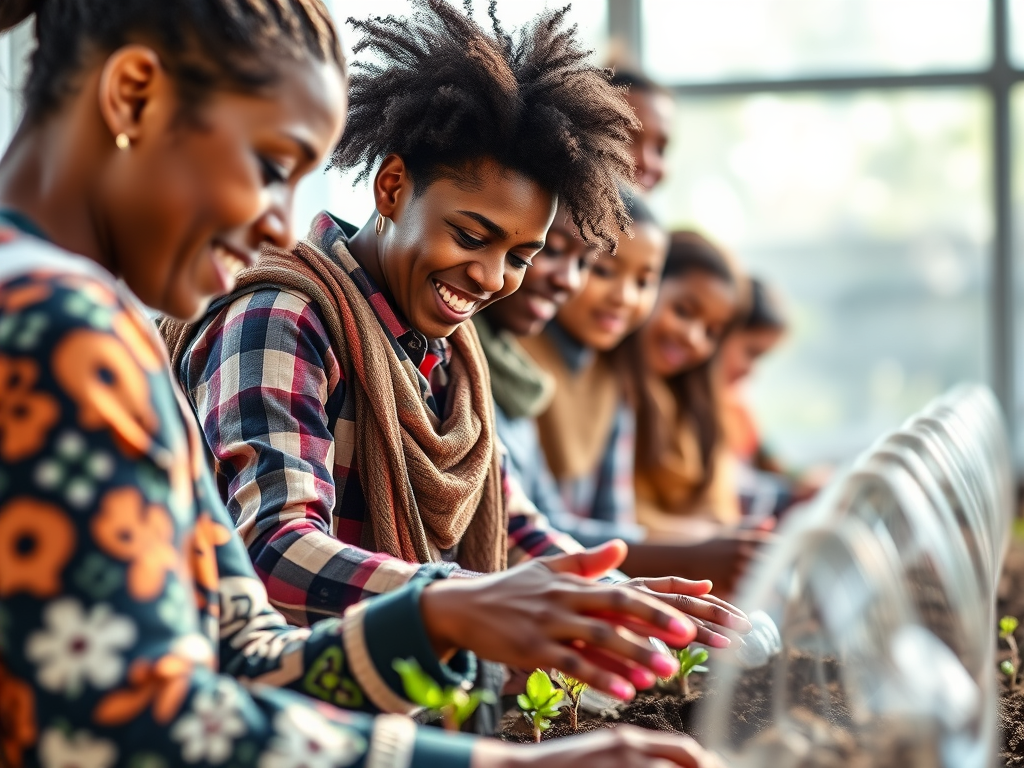 Europa Welfare A group of people engaged in gardening activities, smiling and nurturing young plants in a greenhouse setting.