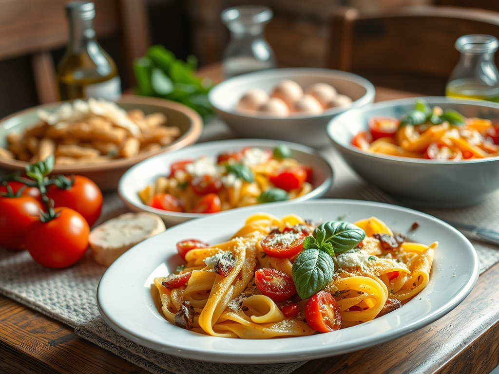 Mangiare Italiano - A plate of fettuccine pasta topped with cherry tomatoes and fresh basil, surrounded by bowls of additional pasta dishes, fresh tomatoes, eggs, and olive oil on a rustic wooden table.