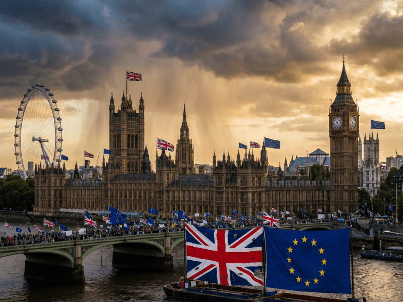 Large UK and EU flags on a barge near the Houses of Parliament in London.