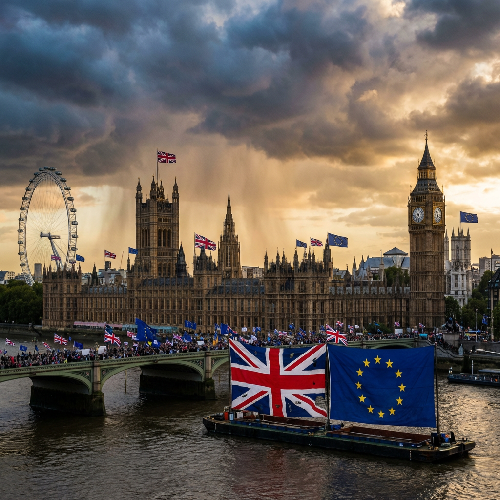 Large UK and EU flags on a barge near the Houses of Parliament in London.