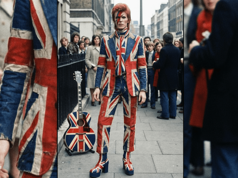 Person in Union Jack outfit, guitar.