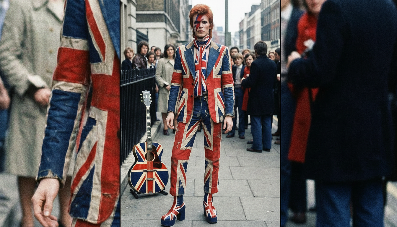 Person in Union Jack outfit, guitar.