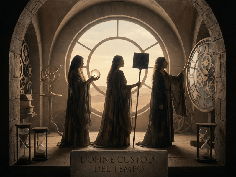 Three women with mystical time instruments; stone text reads DONNE CUSTODI DEL TEMPO.