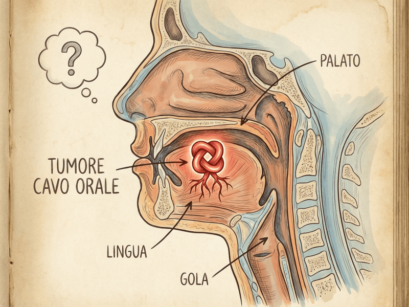 Anatomical diagram of oral cavity tumor with labels: PALATO, TUMORE CAVO ORALE, LINGUA, GOLA.