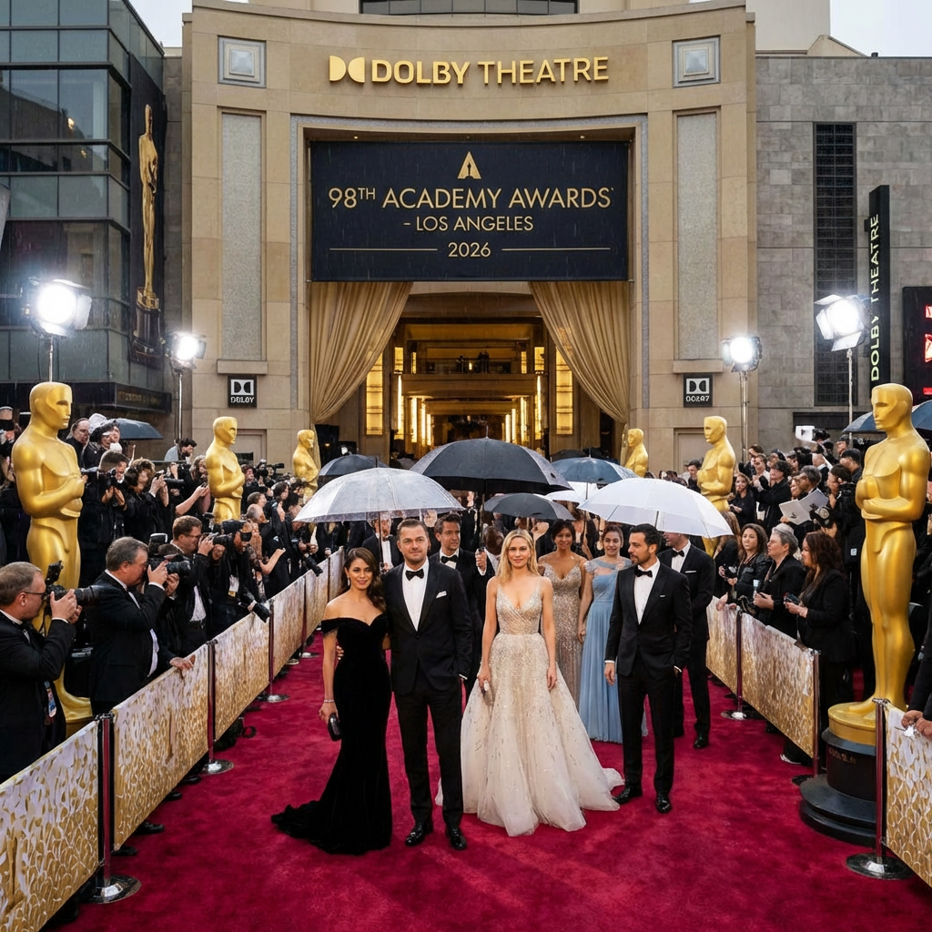 Rainy red carpet at Dolby Theatre for 98th Academy Awards - Los Angeles - 2026. Gli Oscar 2026