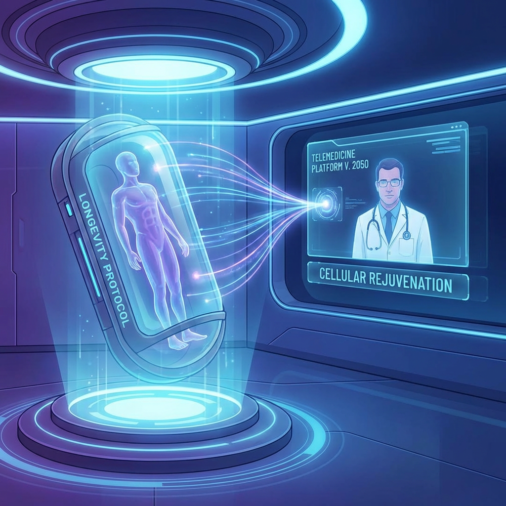 Longevity Protocol capsule connected to a 2050 telemedicine screen displaying cellular rejuvenation data.