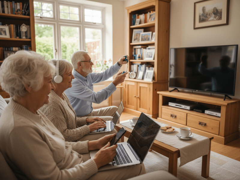 Three senior citizens using laptops, a smartphone, and a game controller in a living room.