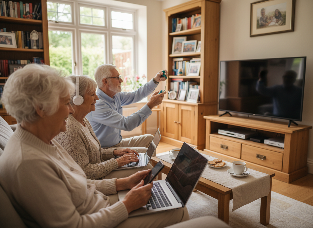 Three senior citizens using laptops, a smartphone, and a game controller in a living room.