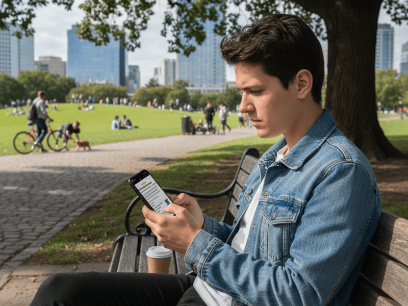 A man in a denim jacket sitting on a park bench looking at his phone.