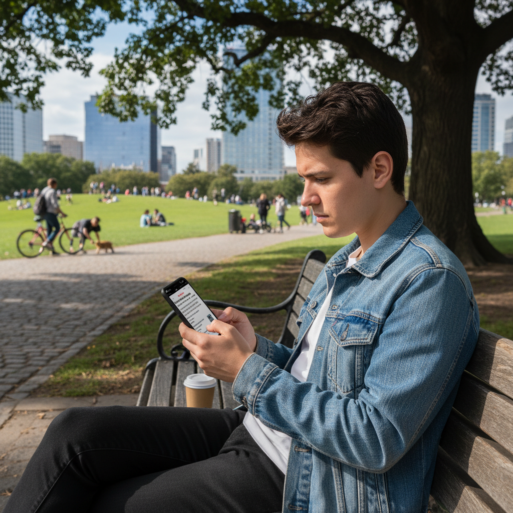 A man in a denim jacket sitting on a park bench looking at his phone.